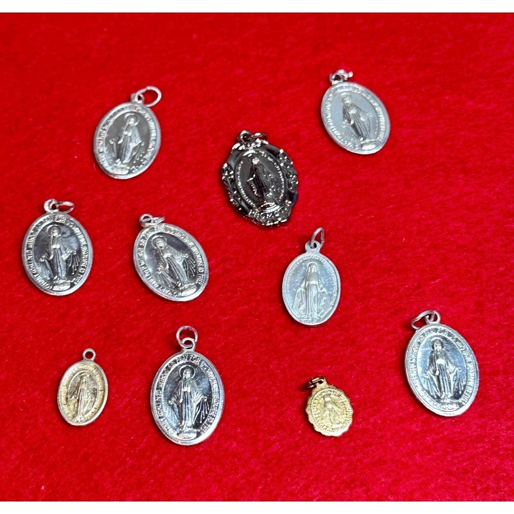 VTG Catholic Miraculous Medal Pendant Lot of 10 Mixed Size Silver Tone Religious
